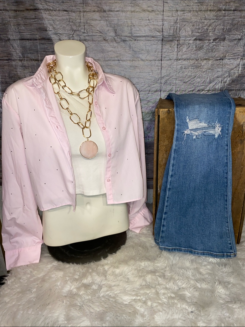 French Twist Pink Button-Down Cropped Shirt with Embellished Accents